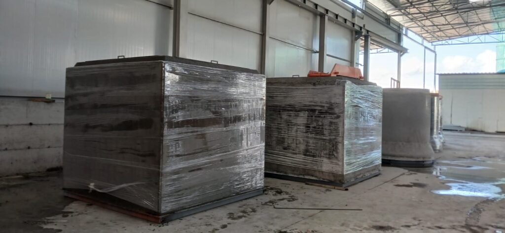 Dry cast box culverts in the curing area after demoulding