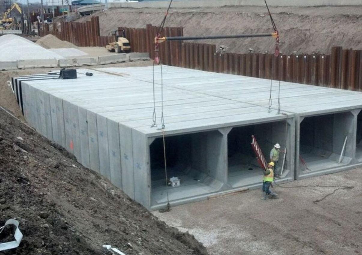 Precast concrete box culverts installed on a construction site